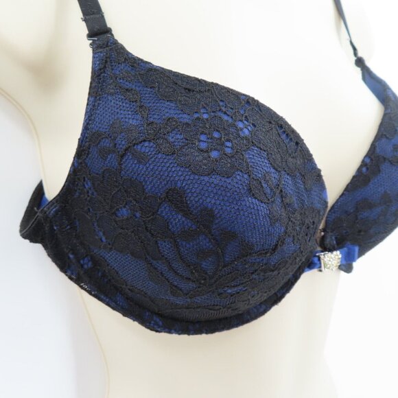Victorias Secret 36C Sexy Little Things Black Lace Blue Underwire Push Up Bra - Picture 2 of 13